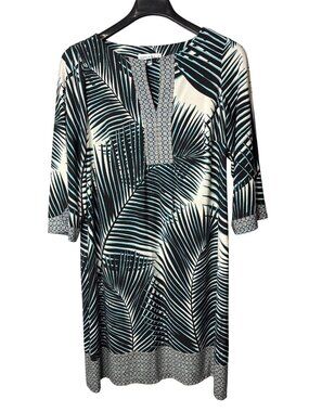 Sabrina Blue Plus Size Midi Shift Dress 1X Tropical Leaves Black White Blue Keyh